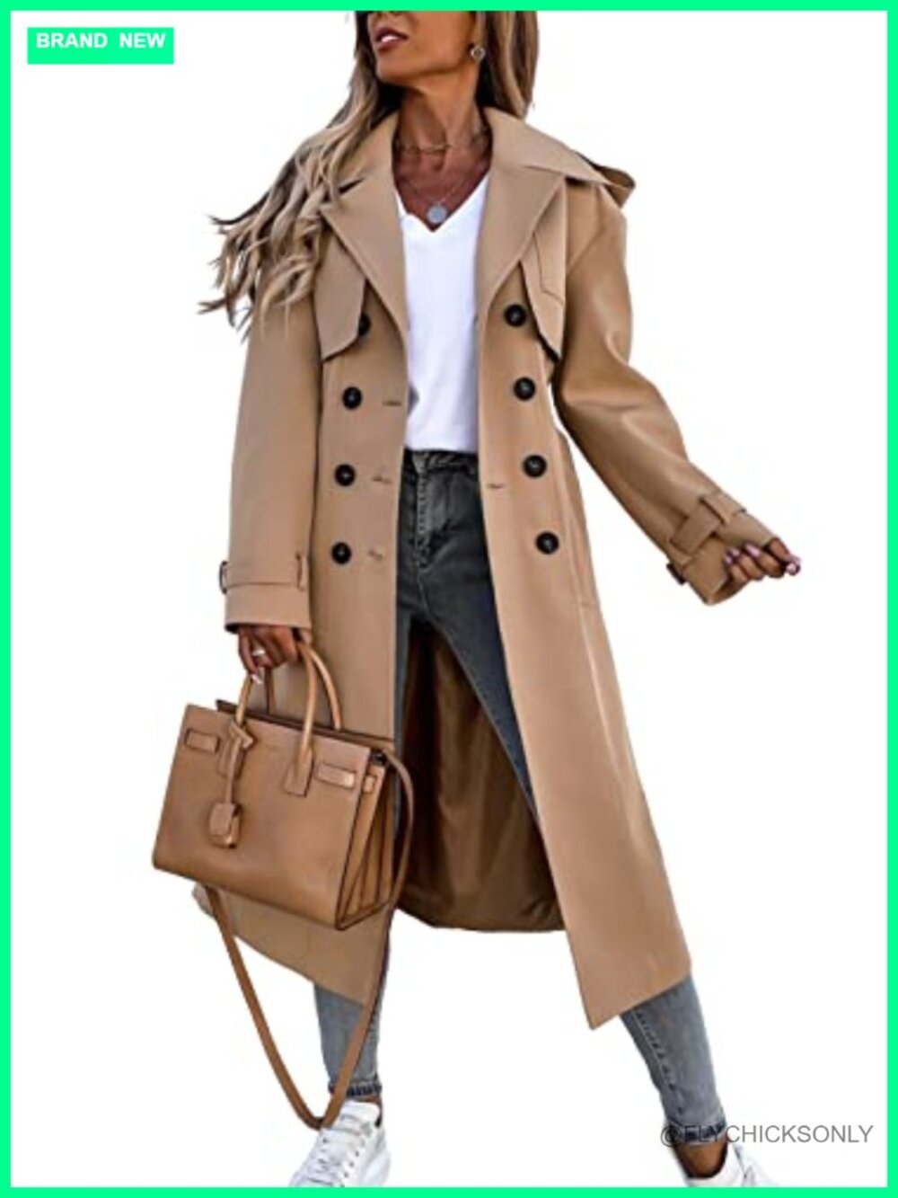 Fisoew Women's Long Trench Coat Double Breasted Windproof Classic Overcoat